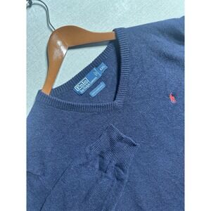 Vintage Polo Ralph Lauren V Neck 100% Lambswool Sweater Pony Men's XXL Navy Blue